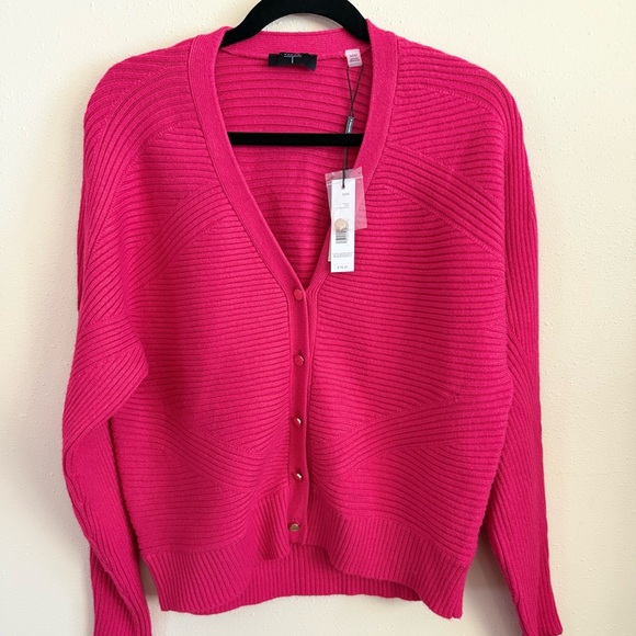 Tahari Sweaters - Tahari Fuchsia Ribbed Cardigan Sweater NWT Medium | Bright Pink V-Neck
